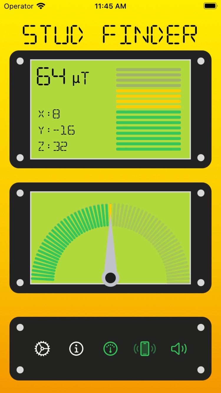 Stud Finder Detector showing a 64 microtesla reading, X Y Z axis values and an analogue gauge
